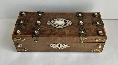 Ancienne boîte à gants Napoleon III victorien en bois laiton perle nacre XIXème - Photo 1/4