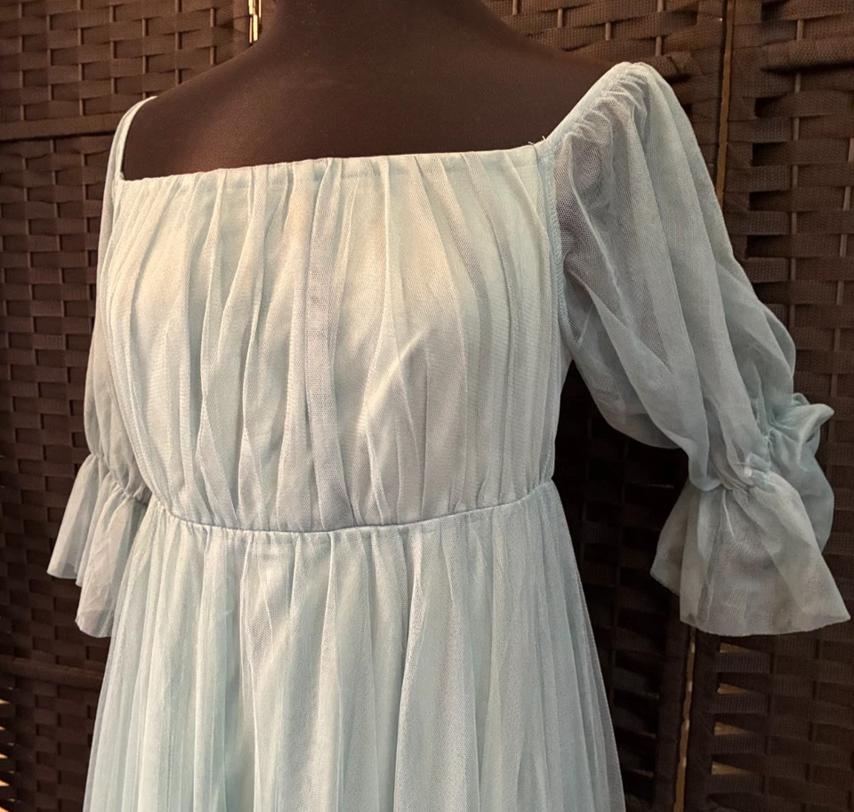 Ever Pretty VESTIDO LARGO DE TUL AZUL CIAN XL Vestido Alto de Malla Bridgerton FairyCore Foto 2 de 4