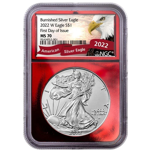 2022-W Burnished American Silver Eagle NGC MS70 FDI Red Foil Core Exclusive E...