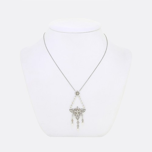 Edwardian Pearl and Diamond Lavalier Necklace - Platinum - Picture 2 of 4