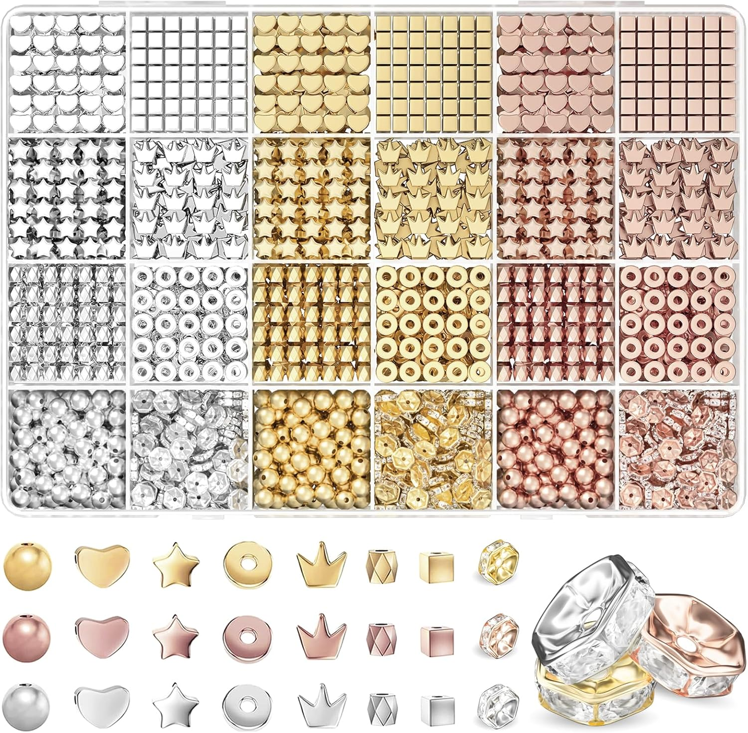 1740-Piece Gold Beads Kit for DIY Friendship Bracelets with 8 Shaped Compartments