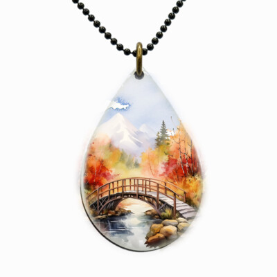 Country Autumn Wooden Bridge Necklace Teardrop Fall Thanksgiving Jewelry