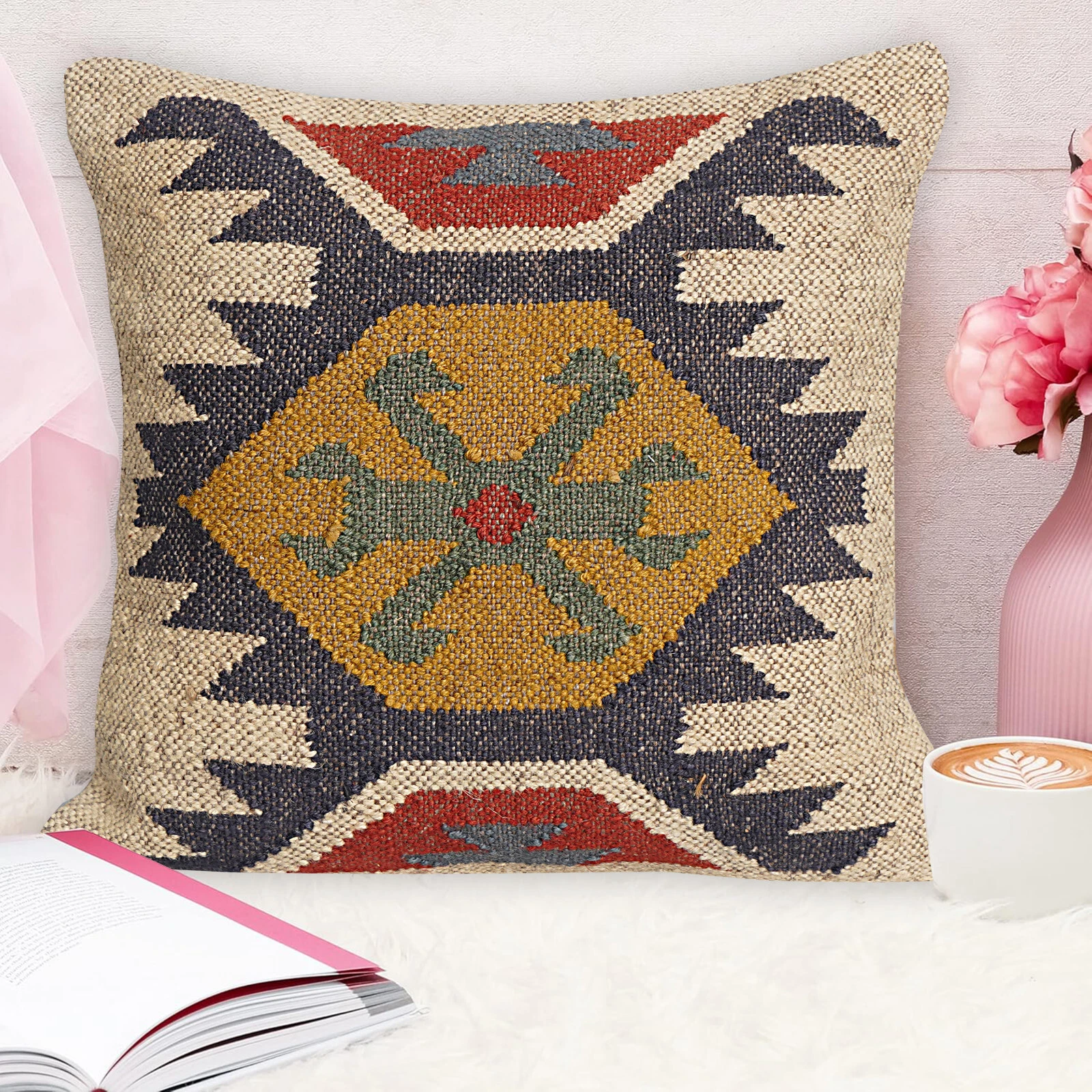 Jute Cushion Cover Home Deco Vintage Throw Case Square Kilim Pillow Handmade 18"