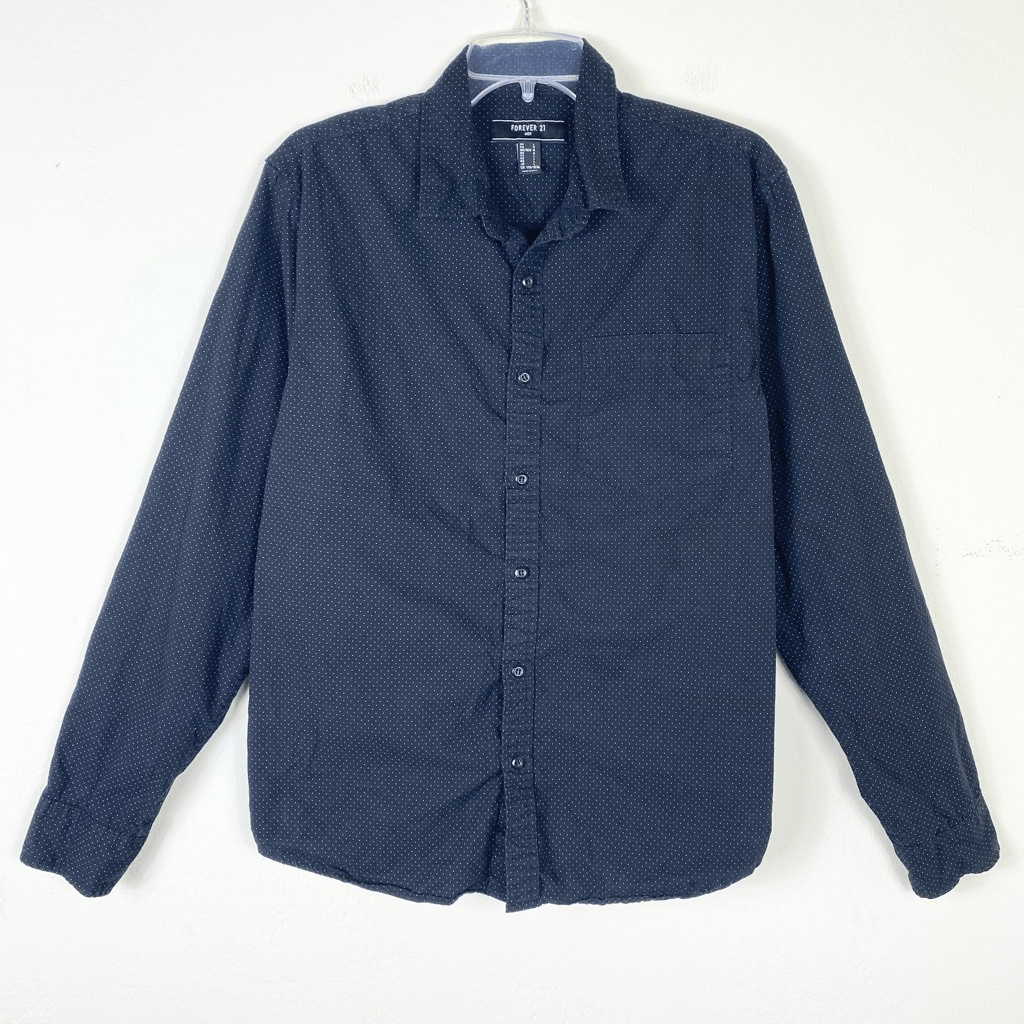 Men's Forever 21 Black White Micro Polka Dot Long Sleeve Button