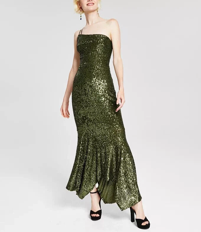 xscape green dress Xscape Long Crepe Off the Shoulder Ruffle Short Sleeve Women's Dress Pine : 14 main image 1