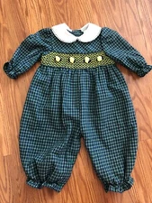 Vintage B.T.K. kids.Toddler Girls Smocked Green Blue Plaid Romper Size 12 Months