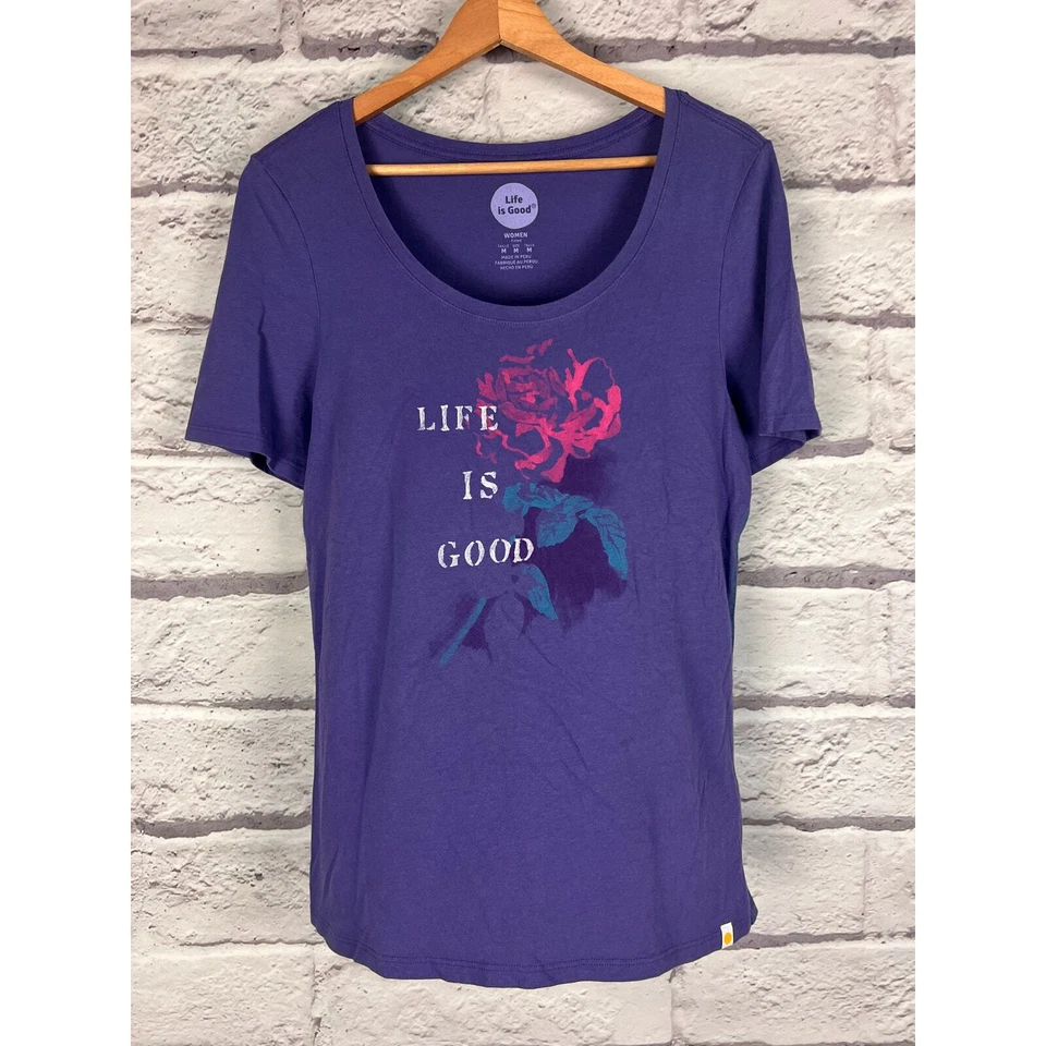 Camiseta básica informal LIFE IS GOOD para mujer M púrpura ajustada rosa floral gráfico Foto 2 de 4