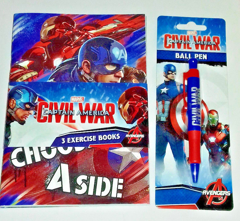 3 CAPTAIN AMERICA vs IRON MAN A5 EXERCISE BOOKS FREE PEN Glossy Marvel CIVIL WAR