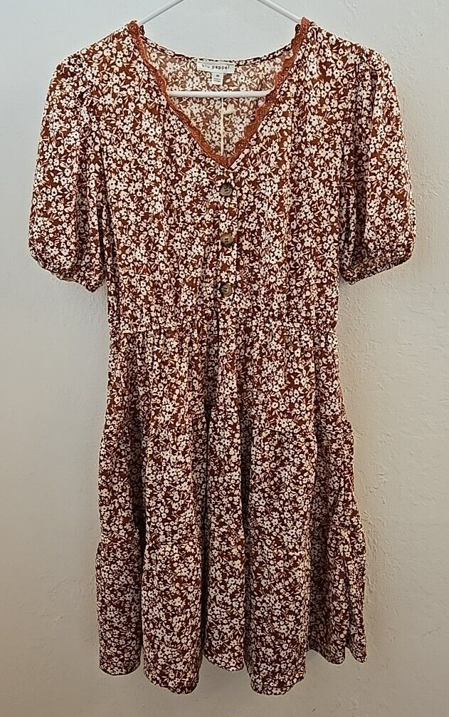 Blu Pepper Brown White Floral Tier Dress Short Sleeve Women's Size M NEW |  eBay