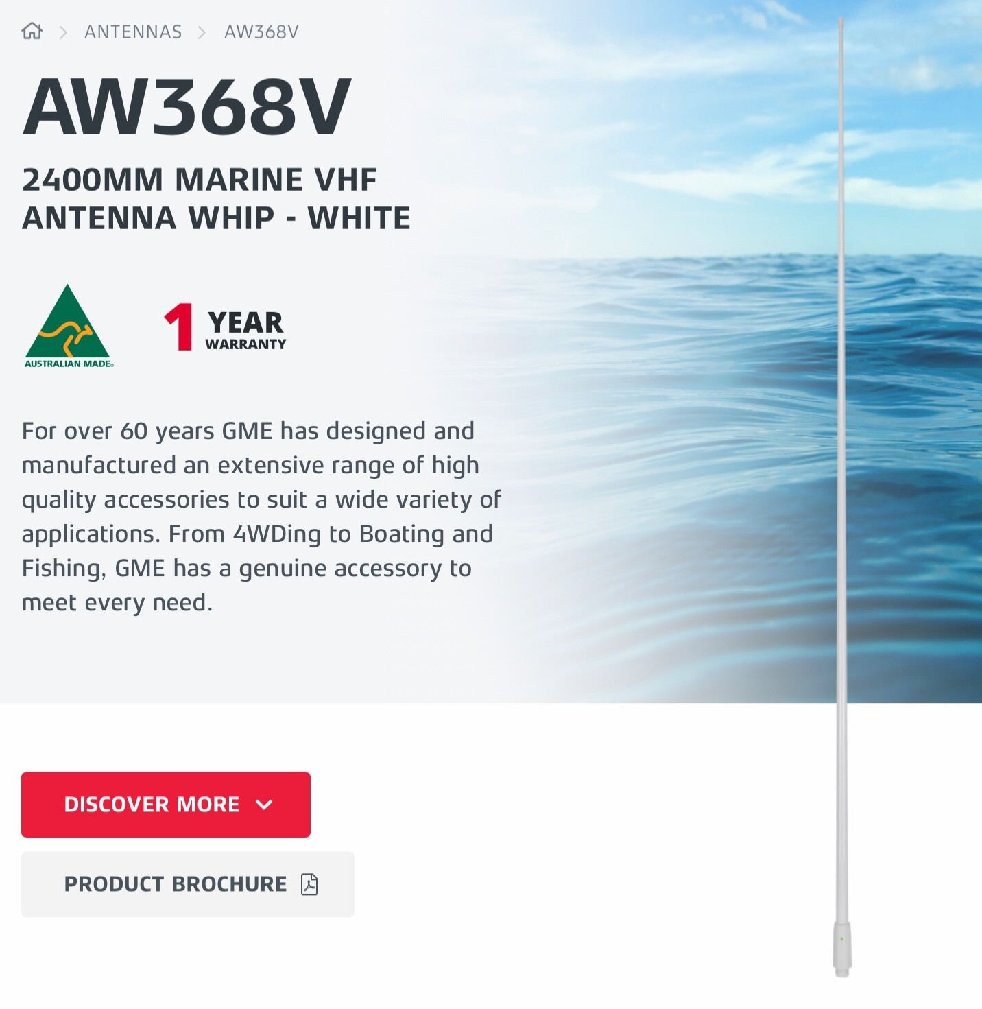 GME AW368V 2400mm Marine VHF Antenna Whip White Local Pickup Redland