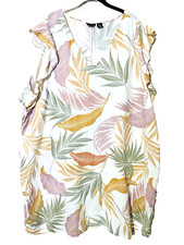 Tahari 3X Tropical Palm Print Linen Dress Tunic Cover Up flutter ruffle sleeve