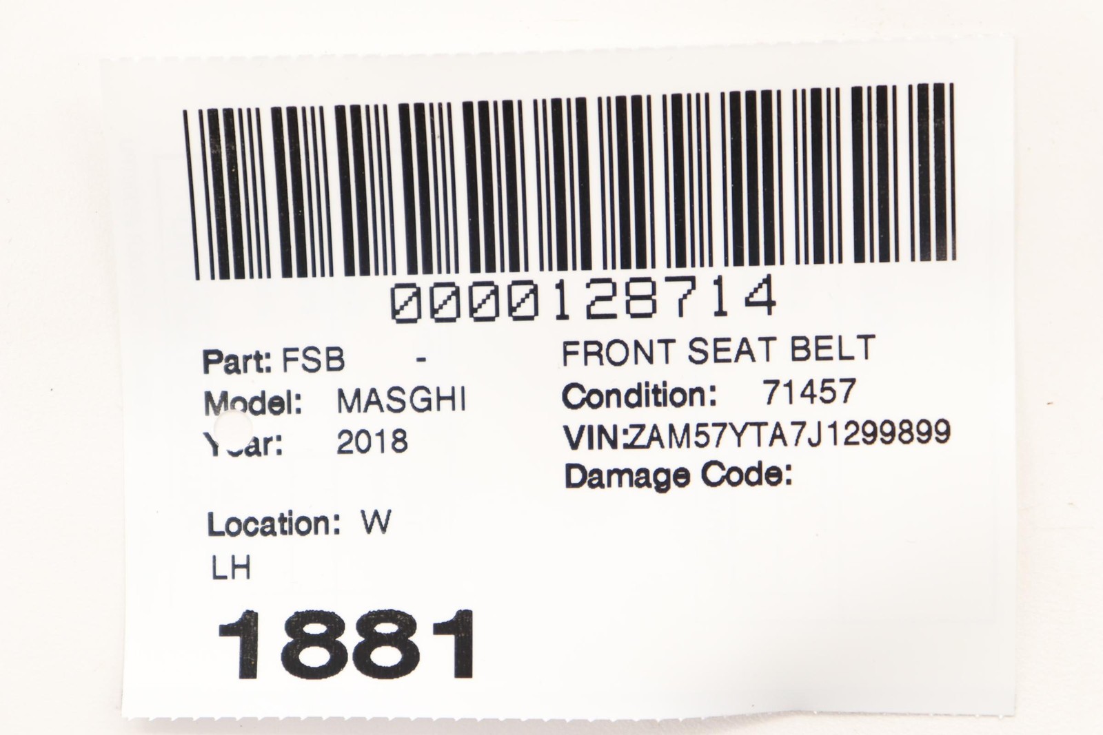 2014 - 2024 MASERATI GHIBLI FRONT LEFT SIDE SEAT BELT RETRACTOR OEM TRIM_ICU