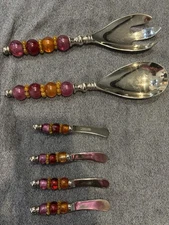 VINTAGE PIER 1 LOT Beads Server Fork Spoon Red orange and pink entertain RARE