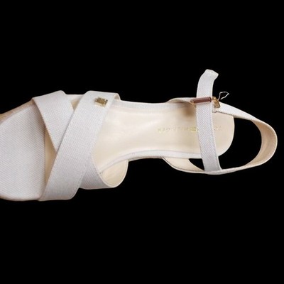 Tommy Hilfiger Womens Cream Canvas Espadrille Wedge Sandals Gold Monogram Logo
