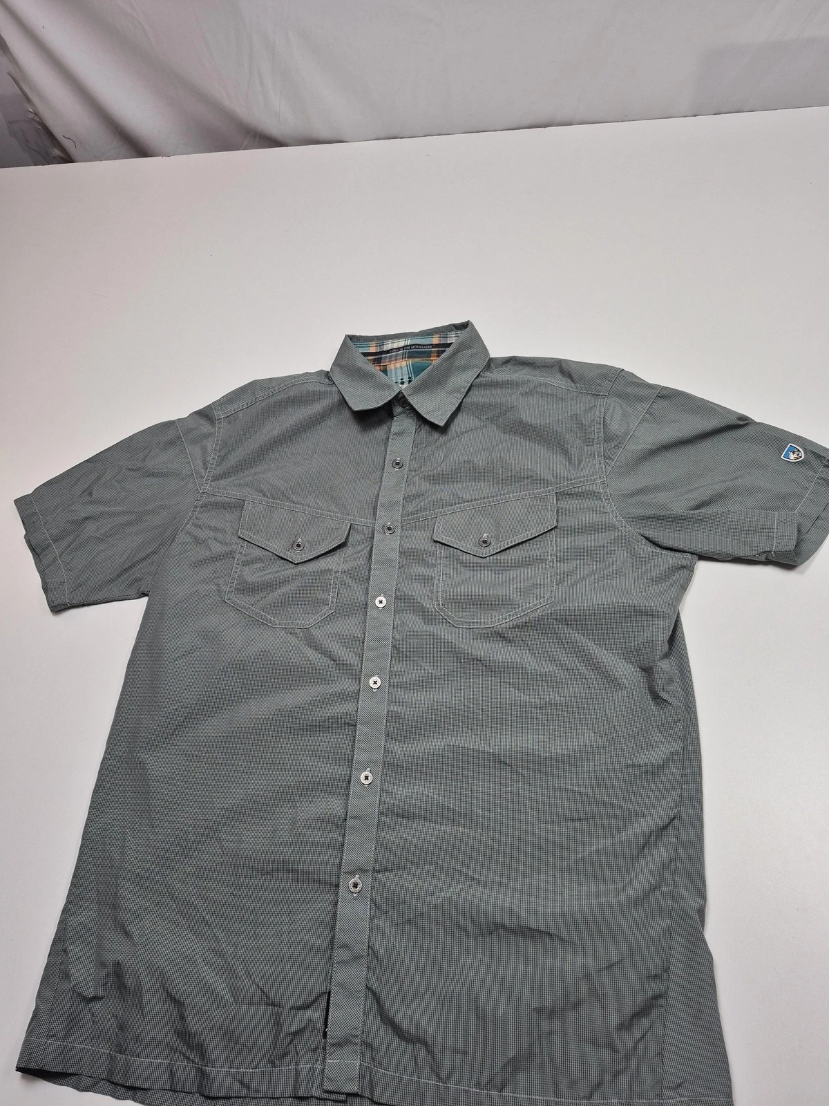 Kuhl Shirt Mens L Gray Check Short Sleeve Button Up Outdoor Hiking Eluxor