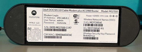Motorola 16x4 686 Mbps AC1900 Dual Band Wi-Fi Cable Modem Router MG7550 - Picture 3 of 3