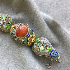 Bracciale Vintage Filigrana Smalto Pietra Rossa Braccialetto Aperto Regolabile Donna Gioielli