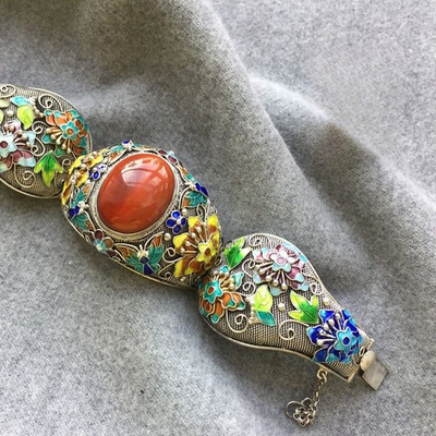 #ad Vintage Filigree Enamel Red Stone Bangle Adjustable Open Bracelet Women Jewelry $25.99