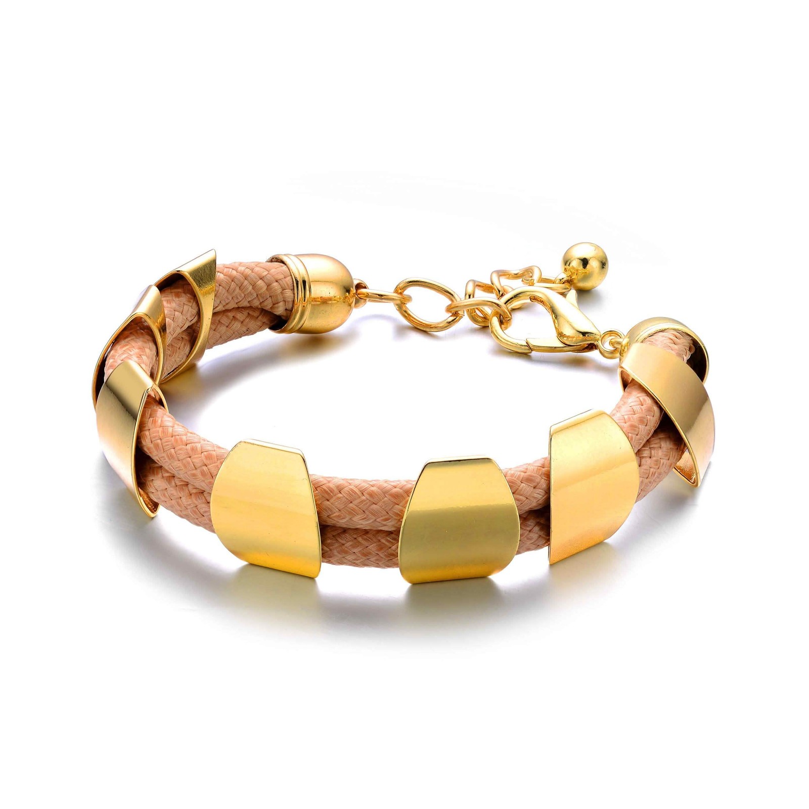 Khacki Leather Bracelet with Polished Metal Gold Plate Chain