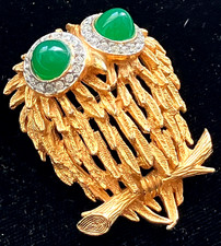 Vintage KJL (Kenneth J. Lane) Rhinestone & Green Cabochon Owl Pin