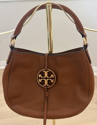 Tory Burch Brown Hobo Shoulder Bag Logo Accent Gold Hardware Top Handle Pockets