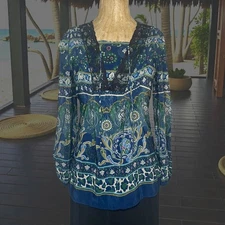 Art & Soul Boho Women L Top Blue Paisley Lace Long Sleeve Peasant Flowy Oversize