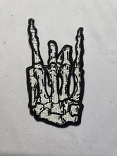 ROCK ON SKELETON HAND IRON ON PATCH 3.4" Biker Rocker Finger Gesture 
