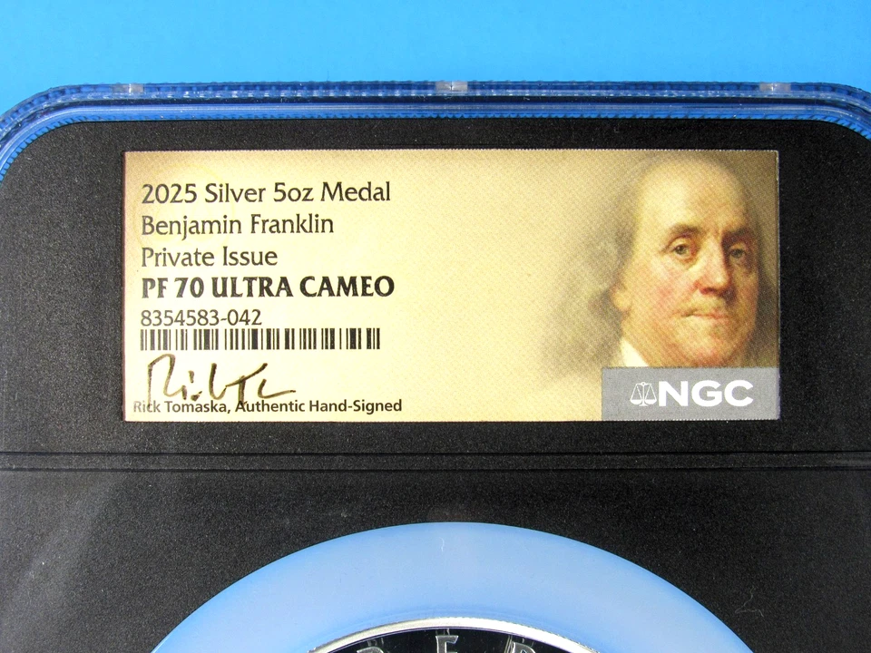 2025 5-Ounce, Silver Bejamin Franklin Medal NGC Pf 70 UCam Tomaska Signature - Image 3 of 4