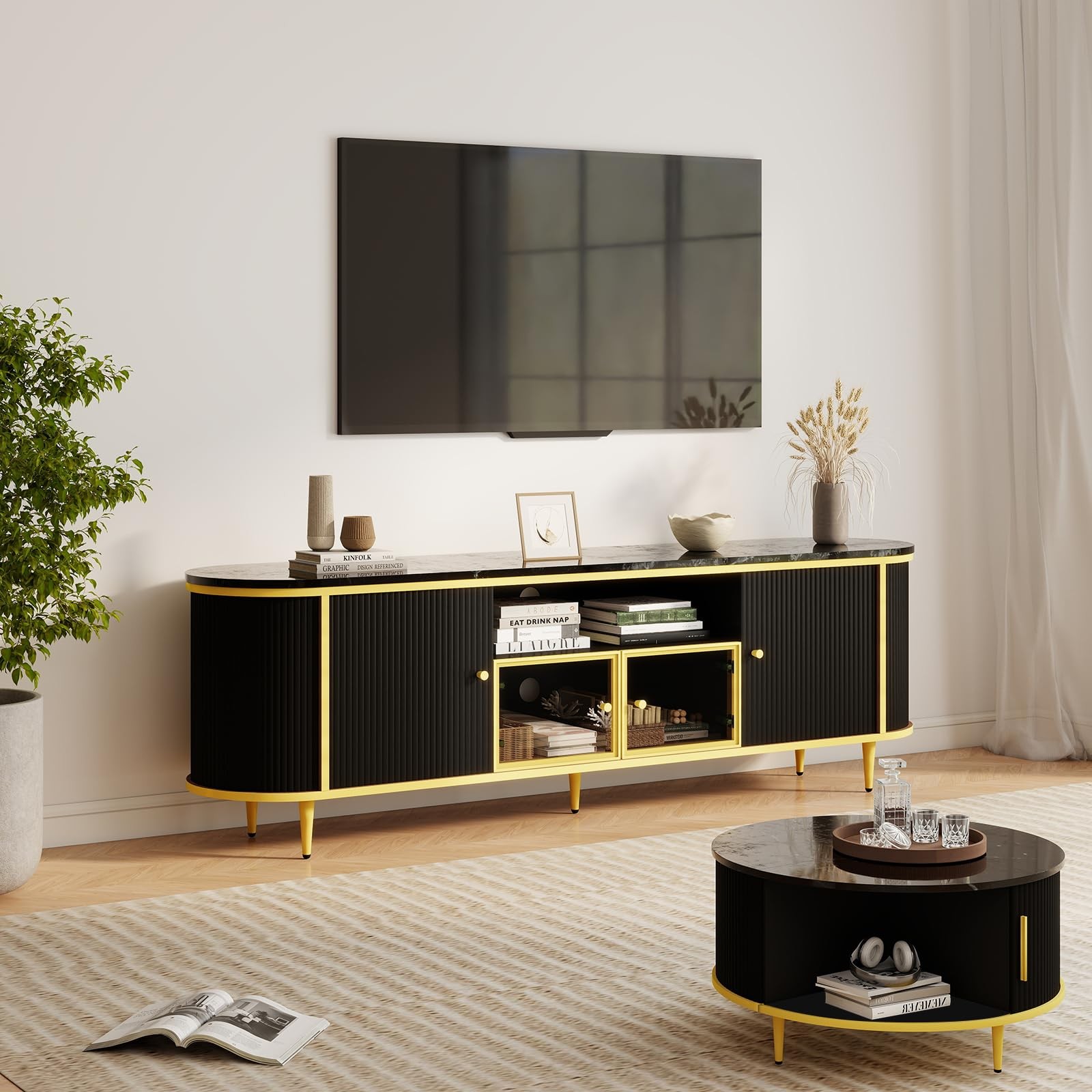 And 31.5" Mid Century Coffee Table Set Black With Storage