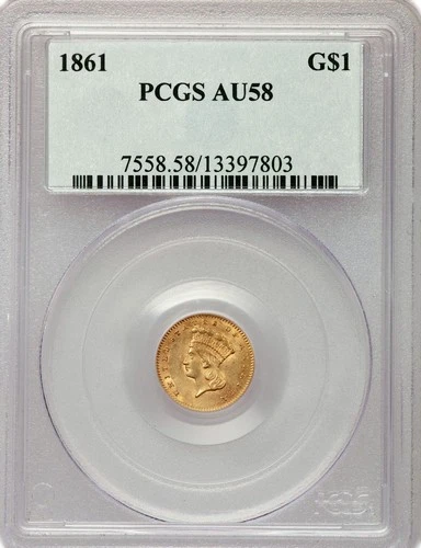 1861 $1 Indian Head Princess Type 3 Gold Dollar PCGS AU58 Coin