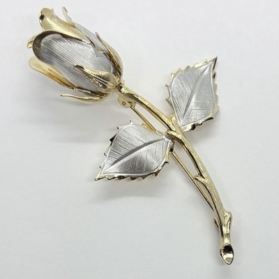 Vtg Two-Tone Brushed Silver Gold Long Stem 3D Rose Flower Brooch Giovanni Unsign