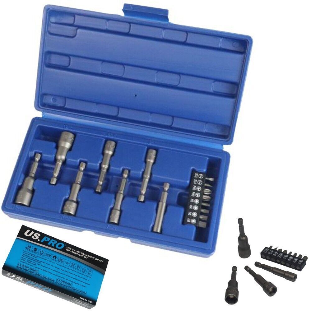 US PRO 15pc 1/4'' Hex DR Magnetic Impact Nut Driver & Bit Set Metric Drivers