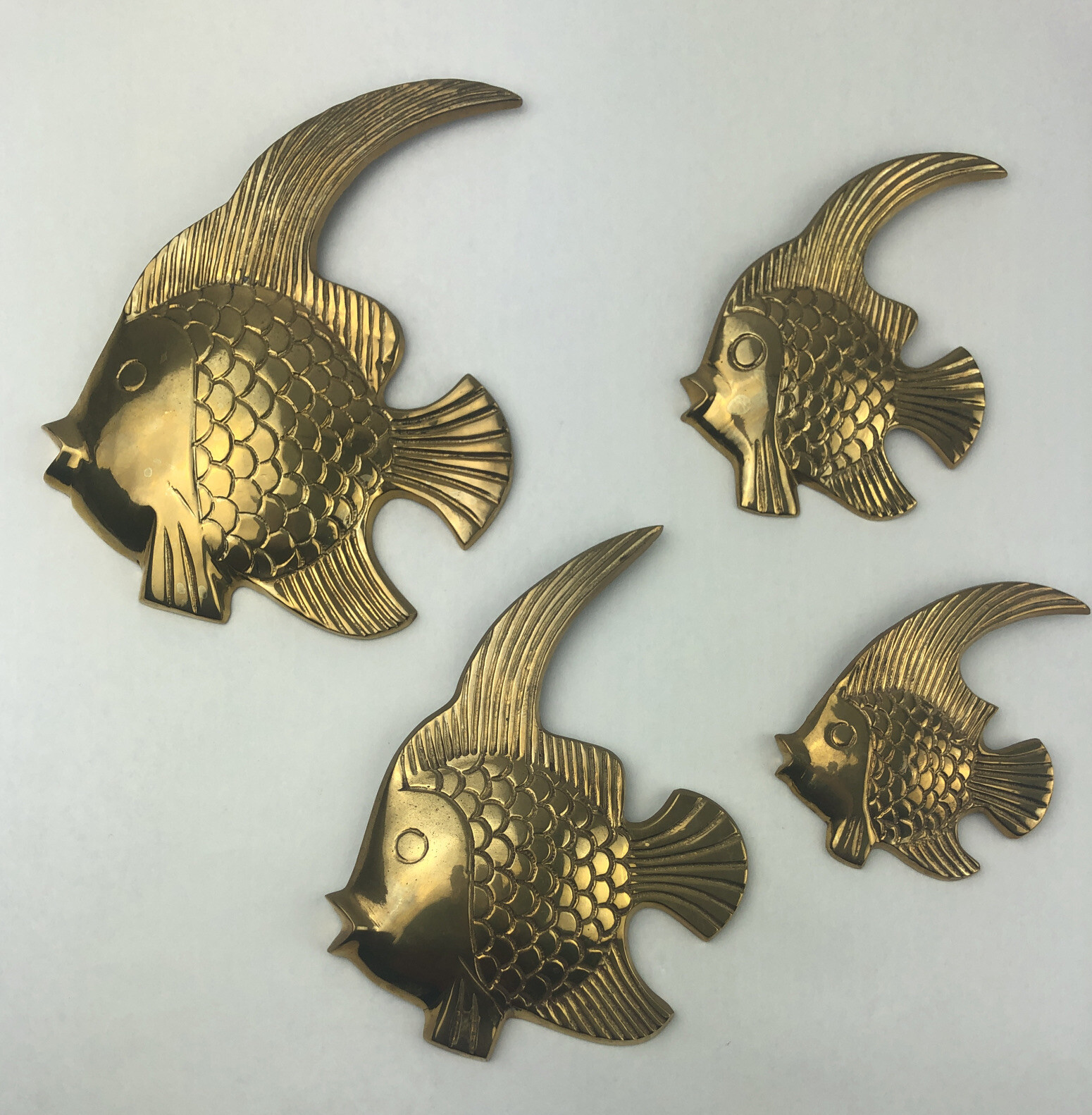 Brass Angel Fish Wall Hanging Decor Set Of 4 Nautical Sea Life MCM Vintage