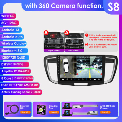 360° Cam 8+128G Plug&Play For 13-17 Honda Accord 9th Car Stereo CarPlay DSP Wifi