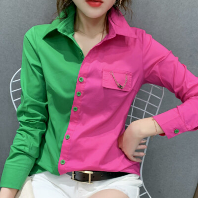 Lady Patchwork Irregular Shirt Blouse Bicolor Button Slim Tops Fashion Shirts