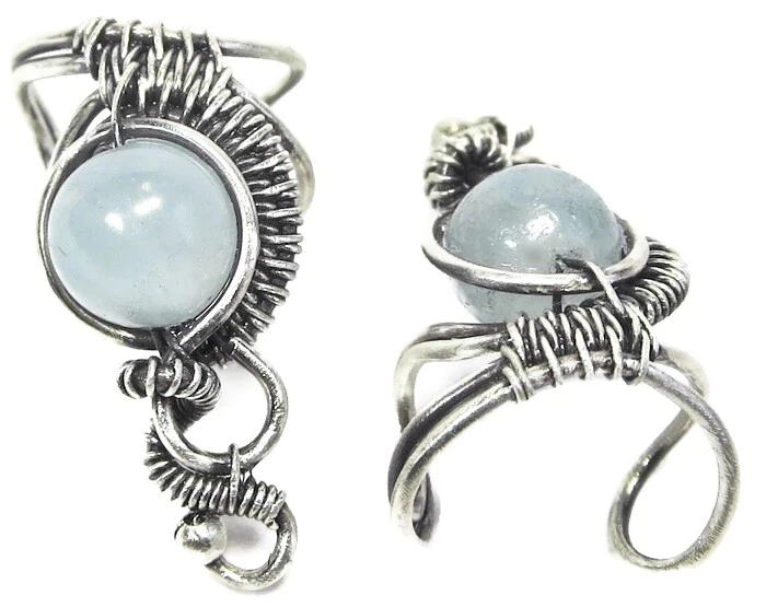 Par de orejeras de alambre tejido de aguamarina y plata de ley; pendientes no perforados Foto 4 de 4