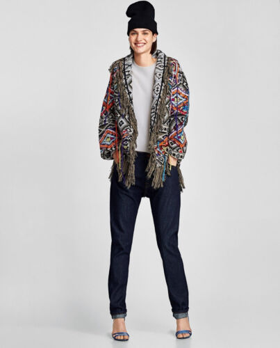 A444 ZARA KIMONO FRINGED TRIBAL AZTEC EMBROIDERED BLAZER COAT JACKET - S - Picture 14 of 17