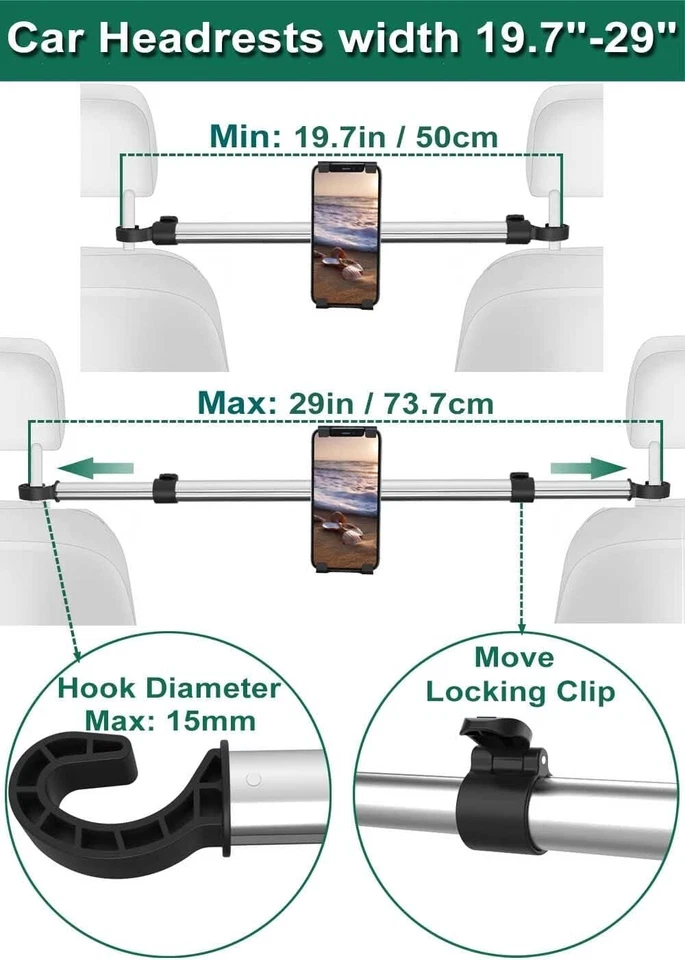Car Seat Headrest Extension Arm Mount Holder For iPad Tablet Kindle Universal - Image 3 of 4