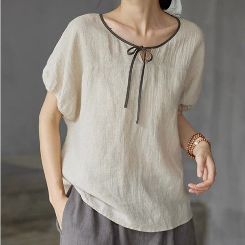 Ladies Casual Short Sleeve T-shirt Cotton Blend Top Blouse Retro Summer T-shirt - Picture 2 of 5
