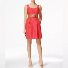Nine West Red Orange Belted Burnout Fit Flare Dress Size 8