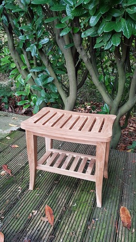 Teak shower seat bench with shelf, Wooden bathroom stool outdoor use, spa chair - Picture 2 of 8