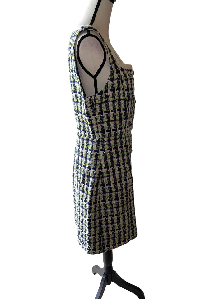 Vestido Kate Spade Talla 10 Enebro Línea Principal Tweed Azul y Verde Tejido Metálico Foto 4 de 4