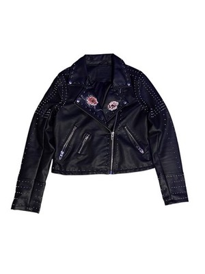 BLANKNYC Vegan Heartbreaker Women's Black Floral Studded Biker Zip Jacket S