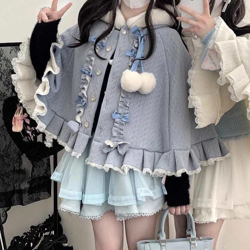 Sweet Winter Warm Lolita Mori Girls Loose Cloak Cape Coats Hooded Jackets Cute - Image 3 of 4