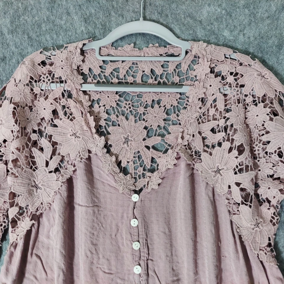 Shein Tunic S 钩针刺绣纽扣喇叭袖薰衣草节日波西米亚 — 第 2/4 张图片