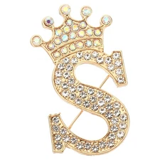 Letter Brooch Pins, Crown Initial Rhinestone Alphabet S Letter Lapel Badges Pin