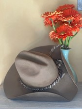Vintage distressed cowgirl hat, rough horsehair braid hat band, taupe suede