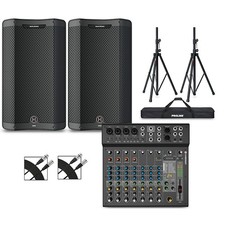 Harbinger VARI 3412 12" Powered Speakers Package wLX12 Mixer, Stands and Cables
