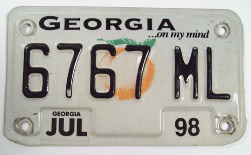 1998 Georgia Peach State Motorcycle Tag, License Plate 6767 ML, Expired