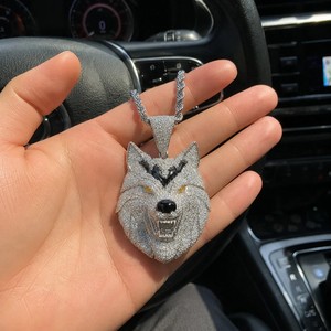 Authentic 5TCW Round Cut Lab Created Diamond Wolf Head Pendant 14k White Gold Plated